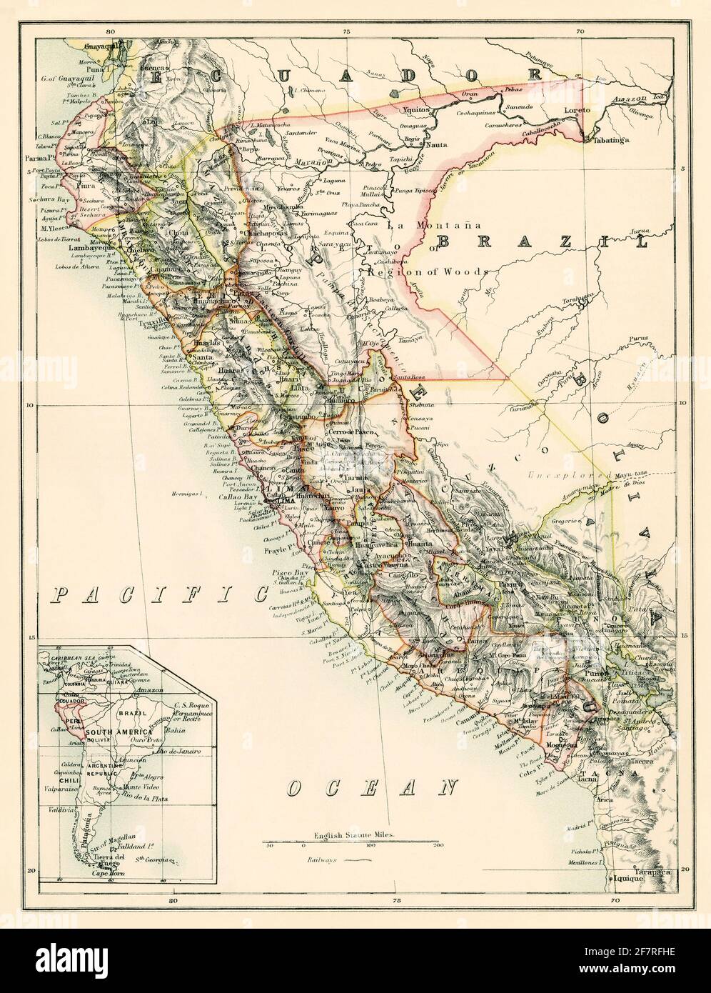 Karte von Peru, 1870er Jahre. Farblithographie Stockfoto