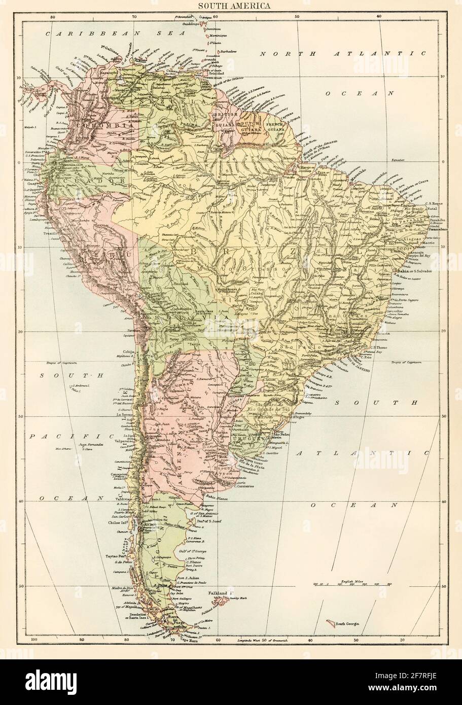 Karte von Südamerika, 1870er Jahre. Farblithographie Stockfoto