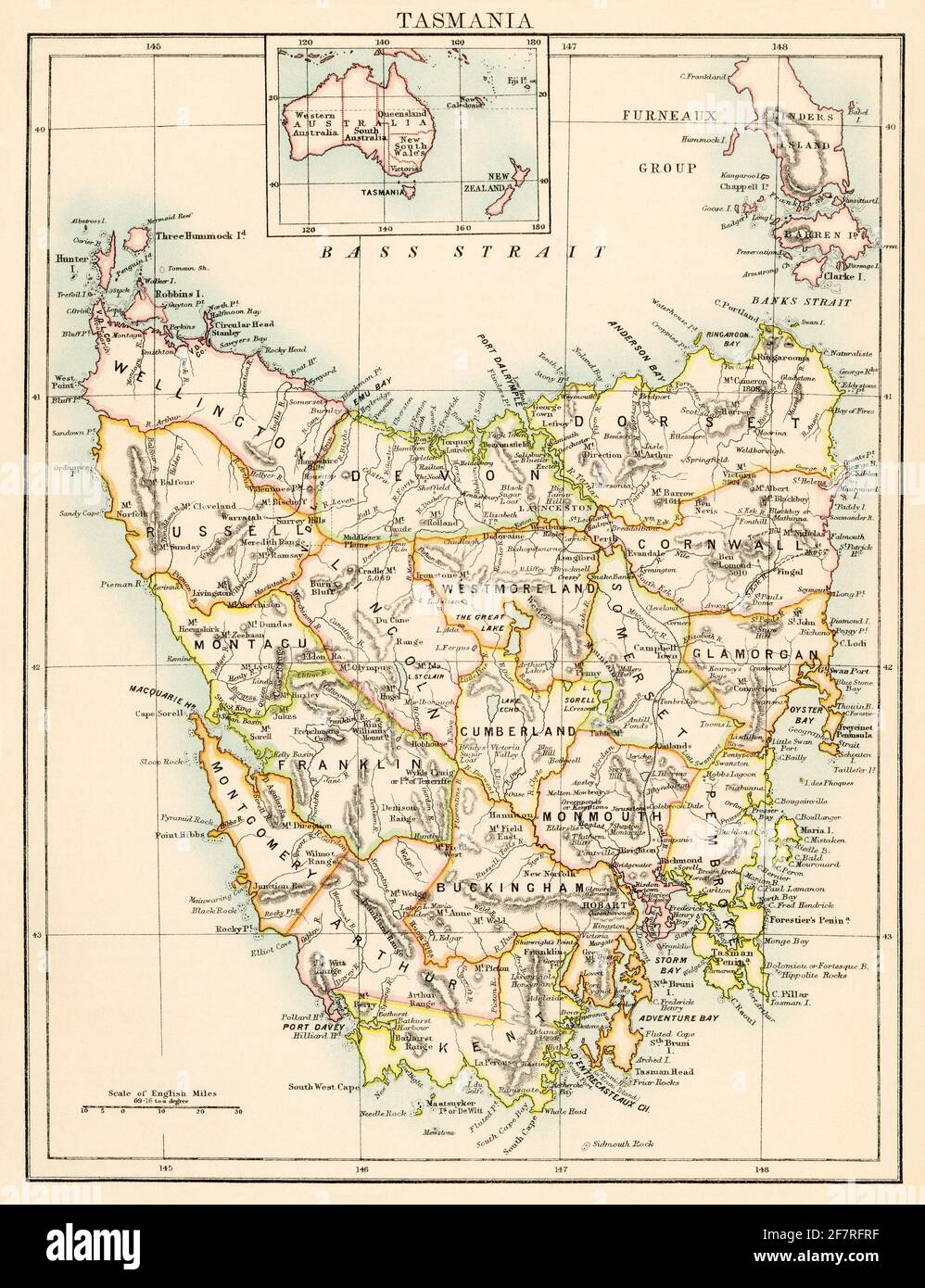 Karte von Tasmanien, 1870er Jahre. Farblithographie Stockfoto