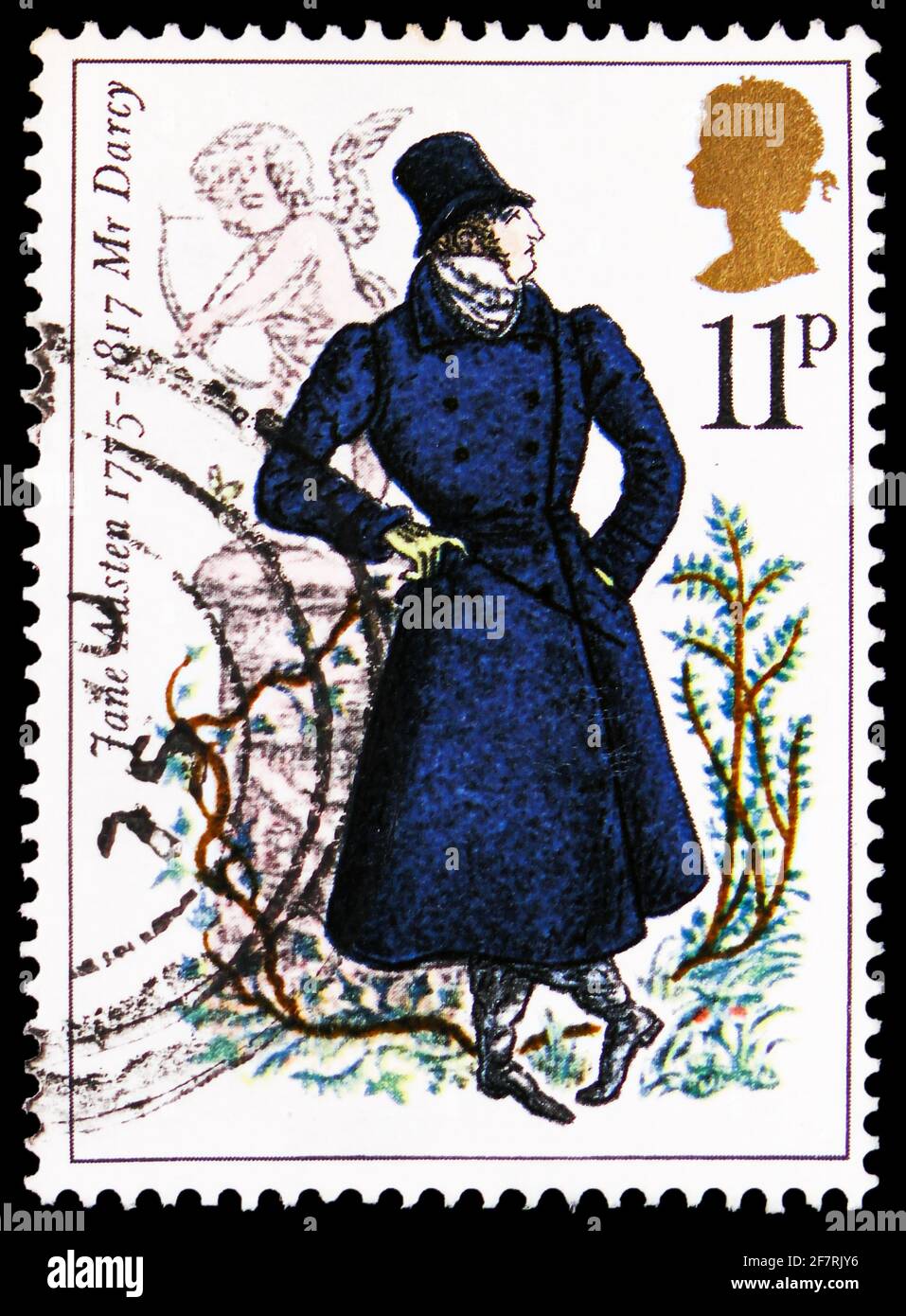 MOSKAU, RUSSLAND - 17. JANUAR 2021: Die in Großbritannien gedruckte Briefmarke zeigt Mr. Darcy (Stolz und Vorurteil), Geburtstag von Jane Austen (nein Stockfoto