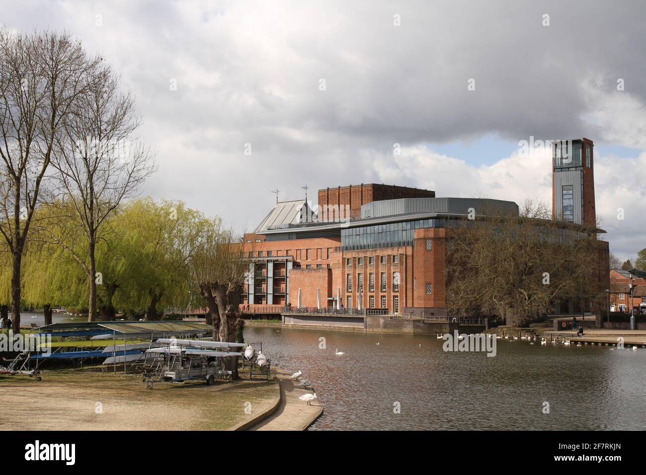 Der Fluss Avon und das Royal Shakespeare Theatre, Stratford-upon-Avon, Warwickshire, Großbritannien, im Frühjahr mit Schwanen am Fluss. Stockfoto