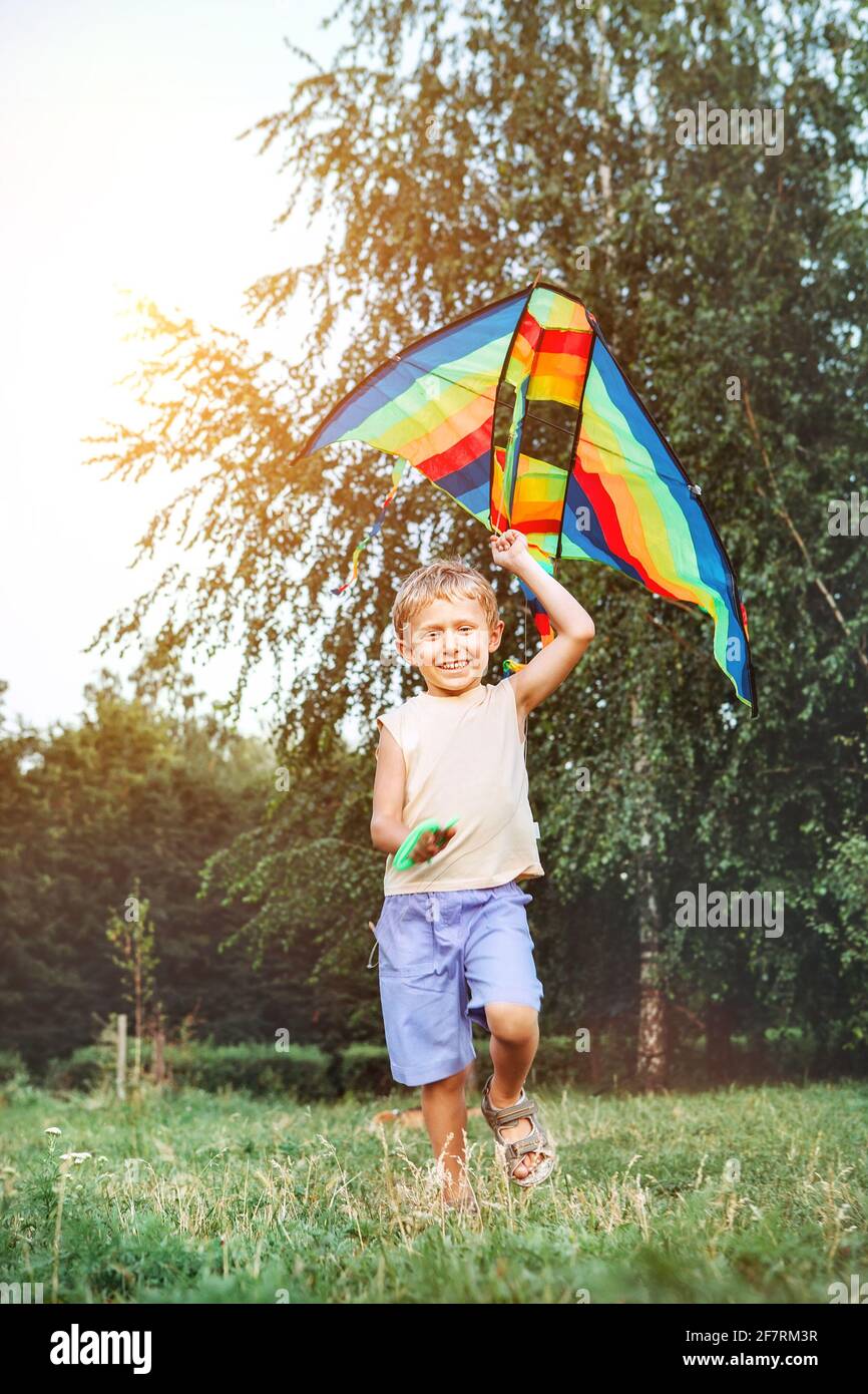 Fröhlicher kleiner blonder Haarjunge, der mit einem bunten Drachen auf der grünen Wiese des Stadtparks läuft. Lustige Kindheit mit schönen Spielzeug Konzept Bild. Stockfoto