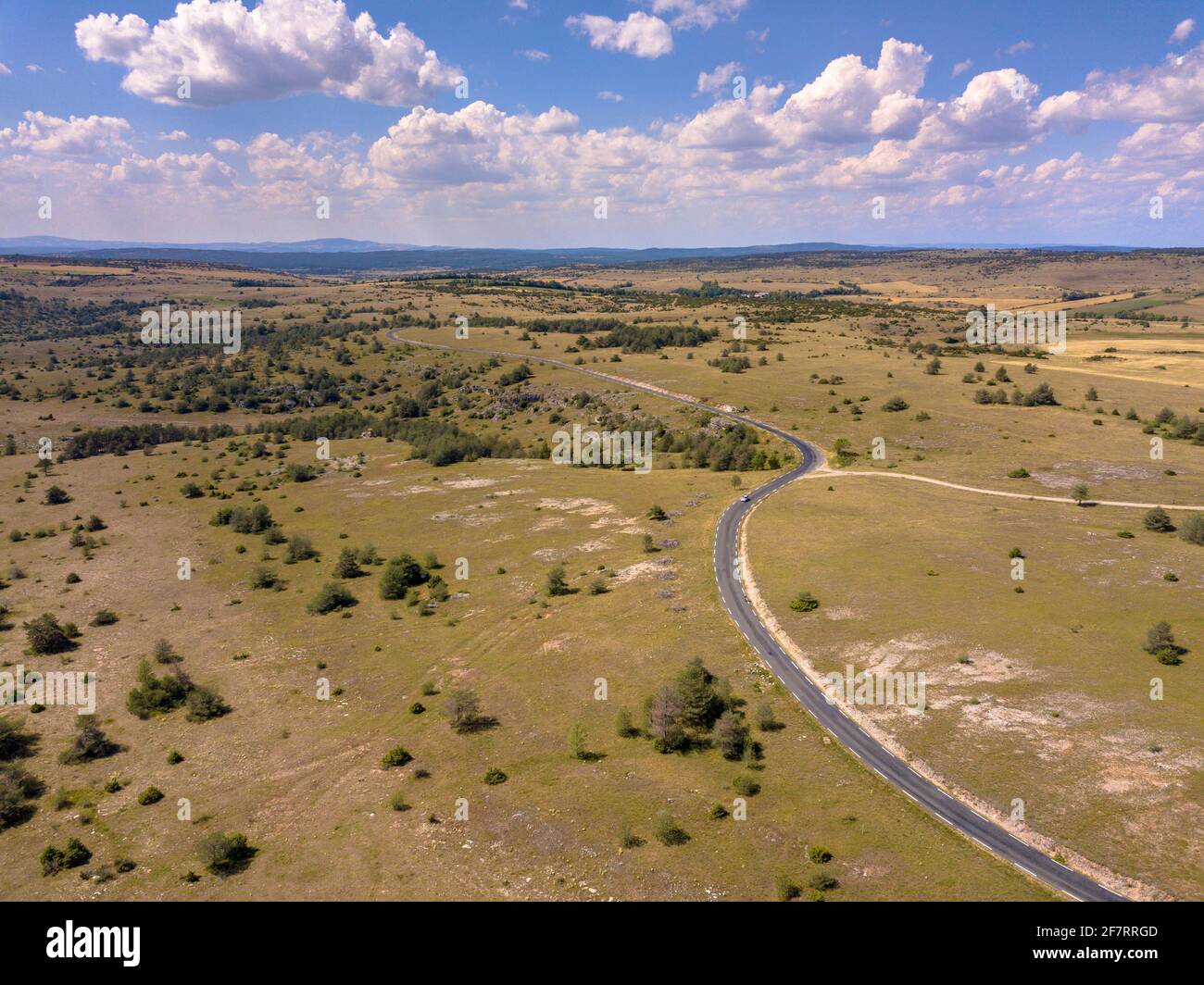 Versiegelte kurvenreiche Straße durch Kalkstein Kalkstein Karstlandschaft der Causse Noir in den Cevennen Frankreich Stockfoto