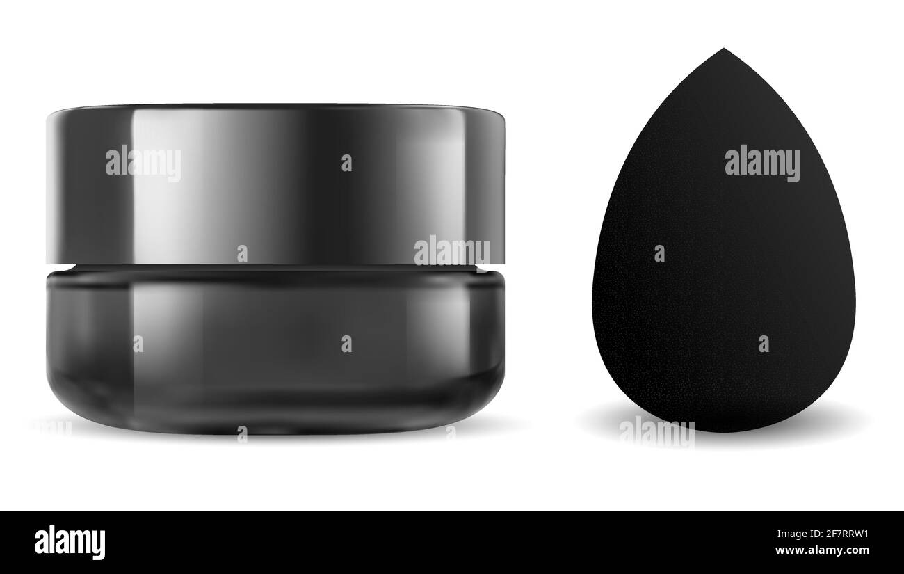 Schwarzer Kosmetikbecher. Make-up Schwamm, Beauty Mixer Mockup. Face Powder blanding Applikator 3d blank. Werbung für erstklassige Foundation-Produkte. Crea aus Glas Stock Vektor