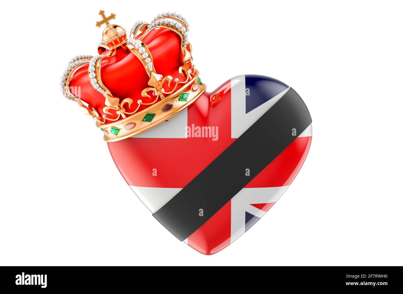 Britisches Herz mit schwarzem Band und goldener Krone. Trauer im britischen Konzept. 3D-Rendering auf weißem Hintergrund isoliert Stockfoto