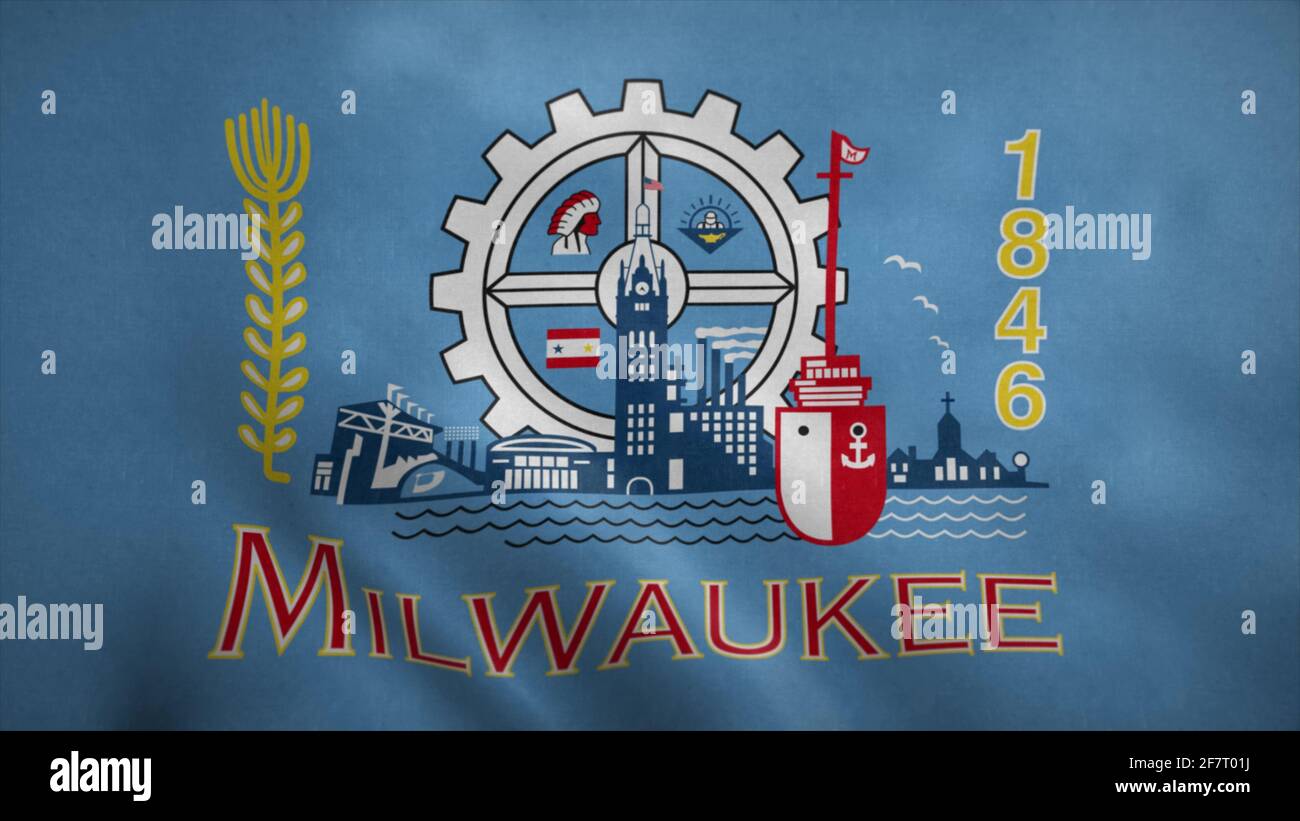Die Flagge von Milwaukee, Wisconsin, winkt im Wind. 3d-Illustration Stockfoto