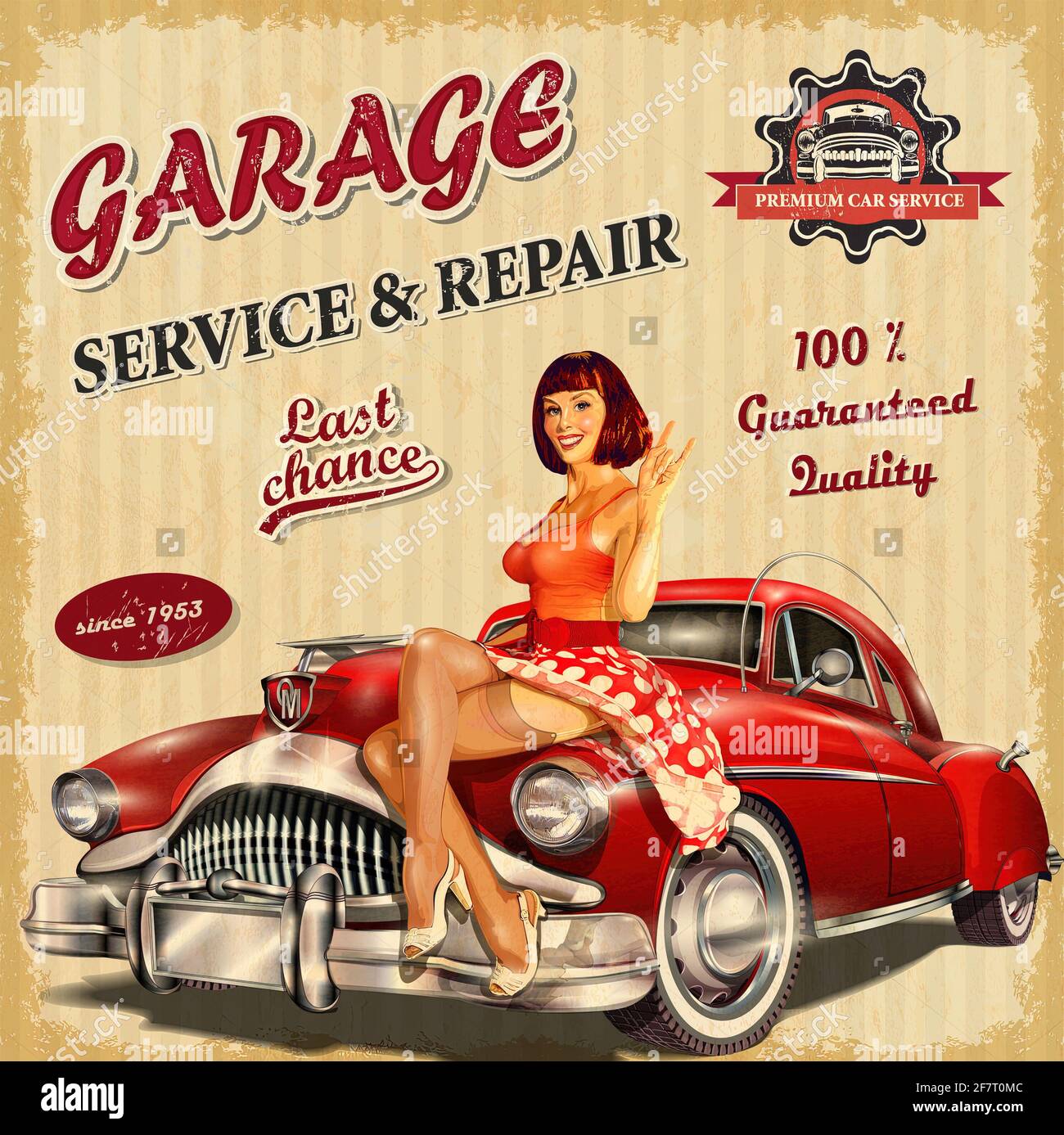 Ein Werbeplakat aus den 1950er Jahren für eine Autowerkstatt Stockfoto