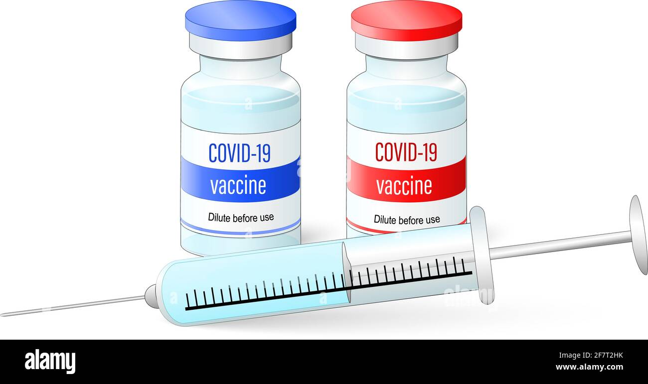 Coronavirus-Impfung. Fläschchen mit Impfstoff gegen Viren und medizinische Einwegspritze mit Nadel. COVID-19. Zwei Dosen. Vektorgrafik. Stock Vektor