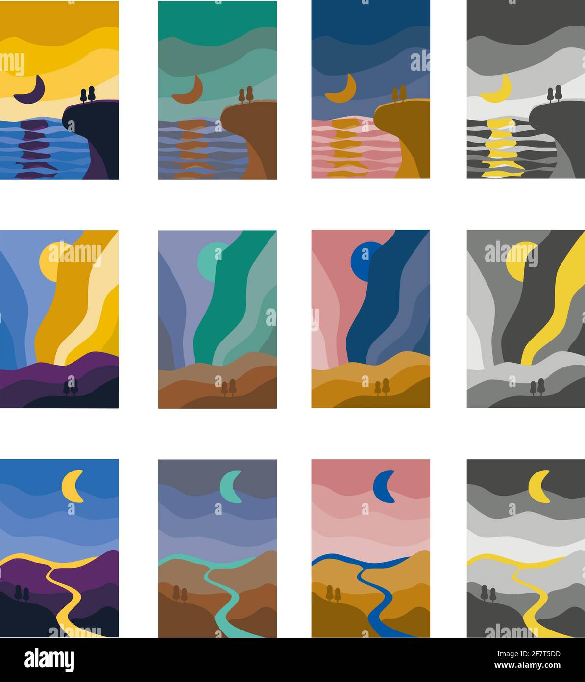 Abstrakte Landschaft farbenfroher Hintergrund. Berg, Meer, Fluss, aurora boreale Kunst Poster Set von Vektor-Illustration Stock Vektor