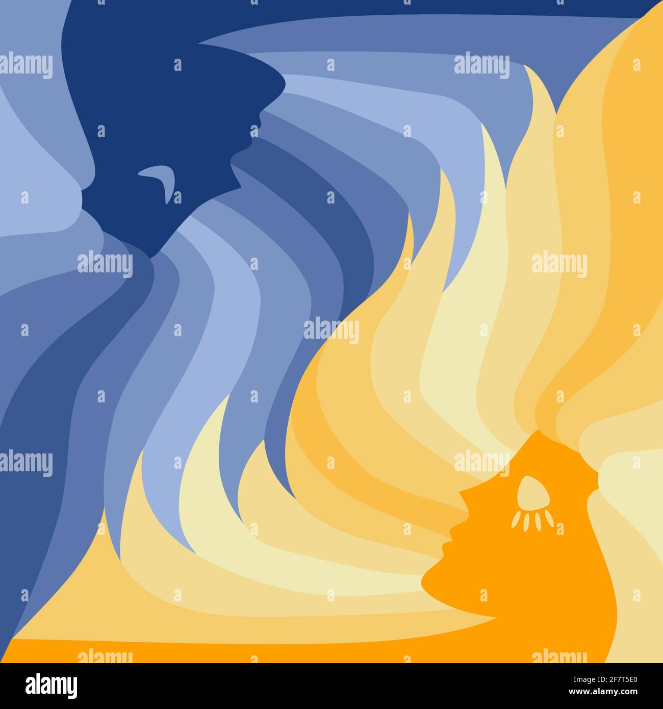 Zwei Gesichter einander gegenüber. Könnte ein Konzept für die Sonne und Mond, heiß und kalt, orange und blau, Sommer und Winter, hell und dunkel, Tag und Nacht Stock Vektor