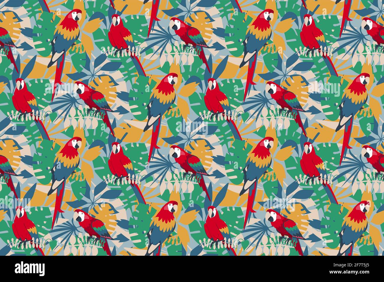 Nahtloses Muster mit Papageien und tropischen Blättern, Mode, Tapete, Textil, Stoff Design Vektor Illustration Stock Vektor