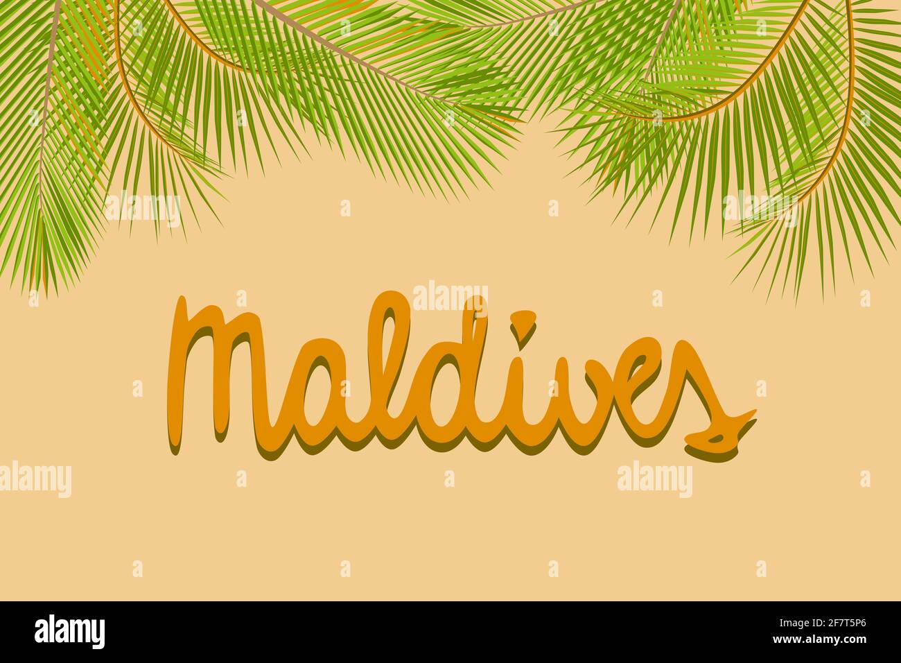 Malediven handgeschriebener Text, grüne Palmenblätter gelber Hintergrund, Poster Banner Karte Vorlage, Vektor-Illustration Stock Vektor