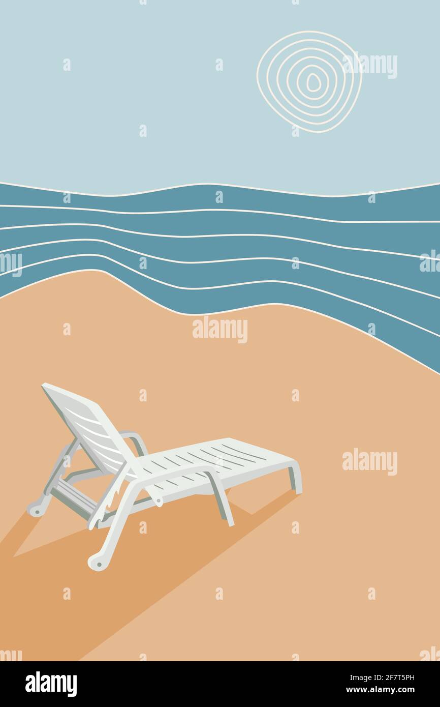 Sonnenliege am Strand, abstrakter Hintergrund Meereslandschaft, Wellen, Sonne, Sand, Urlaub für Banner, Poster, Kartenvektorillustration Stock Vektor