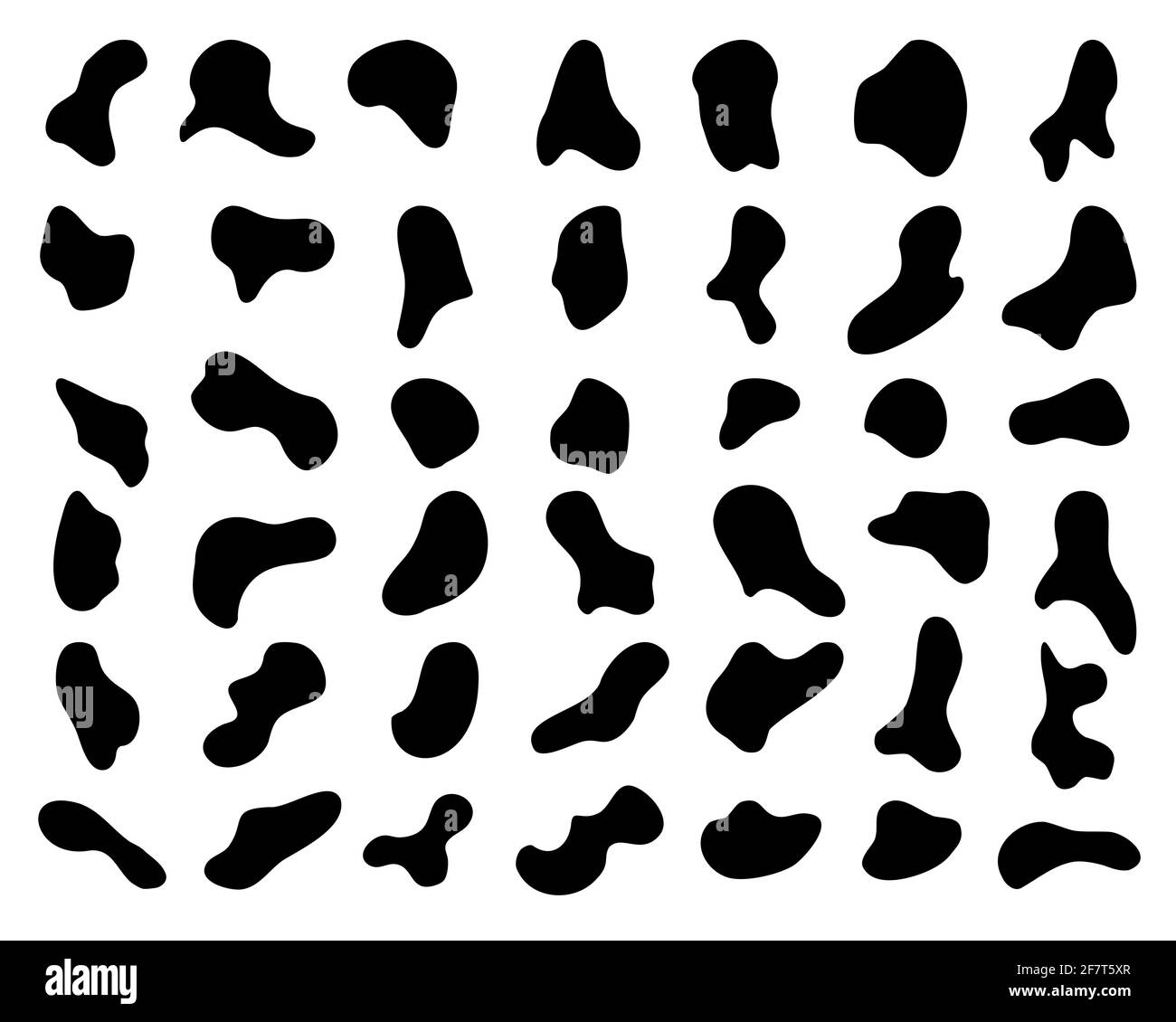 Unregelmäßige schwarze Flecken, Flecken, Tintenfleck. Organische Formen. Flecken, Flecken. Tropfen von Flüssigkeit, Kieselstein, Stein Silhouette. Tinte einfach zufällig smo Stock Vektor