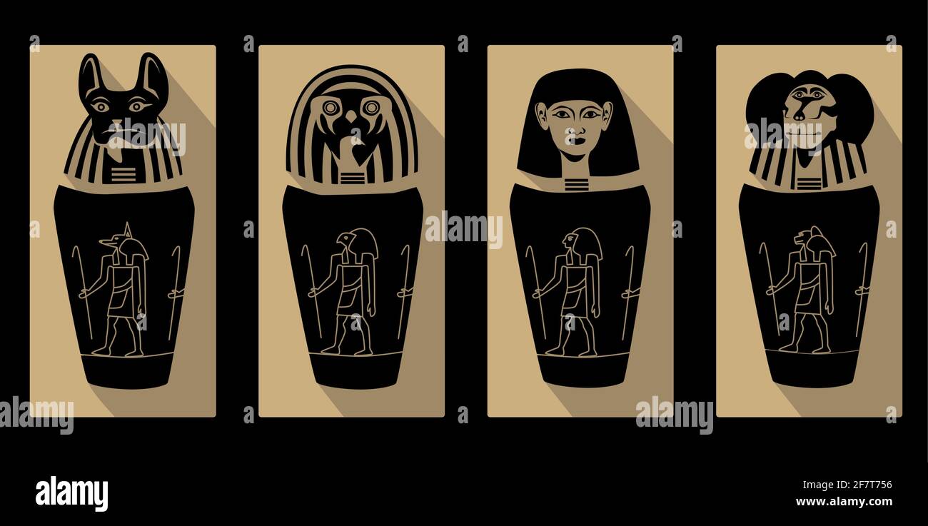 Kanopische Gläser - altägyptische Elemente, die zur Mumifizierung verwendet werden. Kontrastvektordarstellung. Stock Vektor