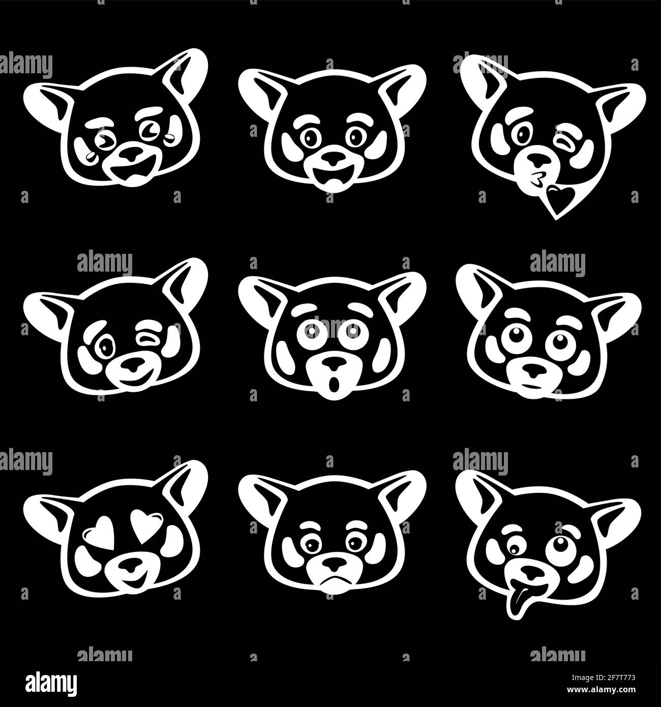 Set aus 9 Vektor-Emoji mit rotem Panda-Gesicht in Schwarzer Stil Stock Vektor