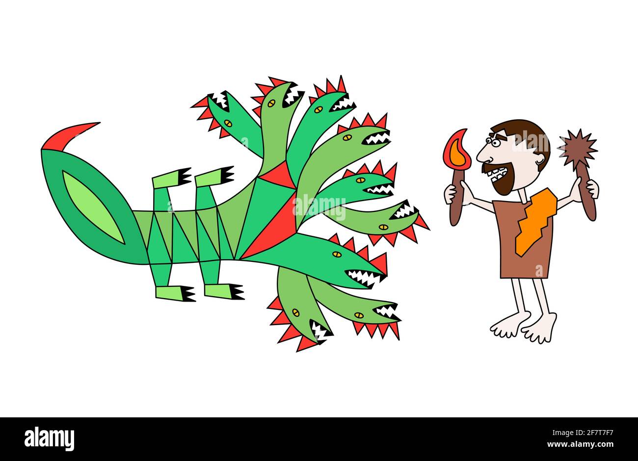 Zweite Arbeit von Herkules Vektordarstellung, Kampf mit Lernean hydra Hand gezeichnet Stil männlich gegen Schlange-ähnliche Kreatur Vektor-Illustration Stock Vektor