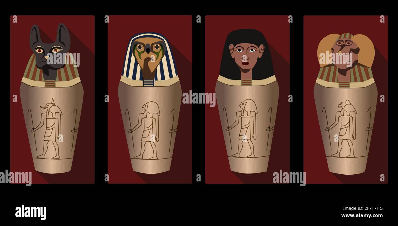 Kanopische Gläser - altägyptische Elemente, die zur Mumifizierung verwendet werden. Farbige Vektordarstellung. Stock Vektor