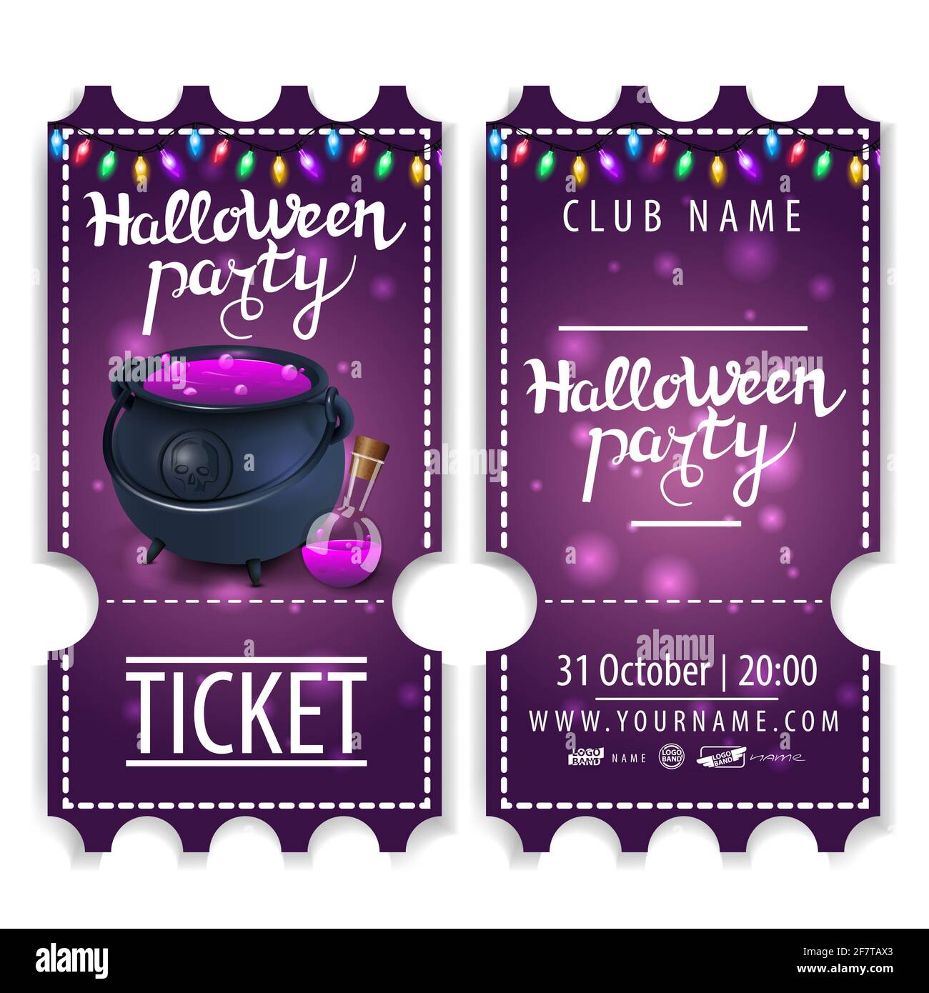 Ticket für Halloween Party, schönes Design mit Hexentopf mit Trank Stockfoto