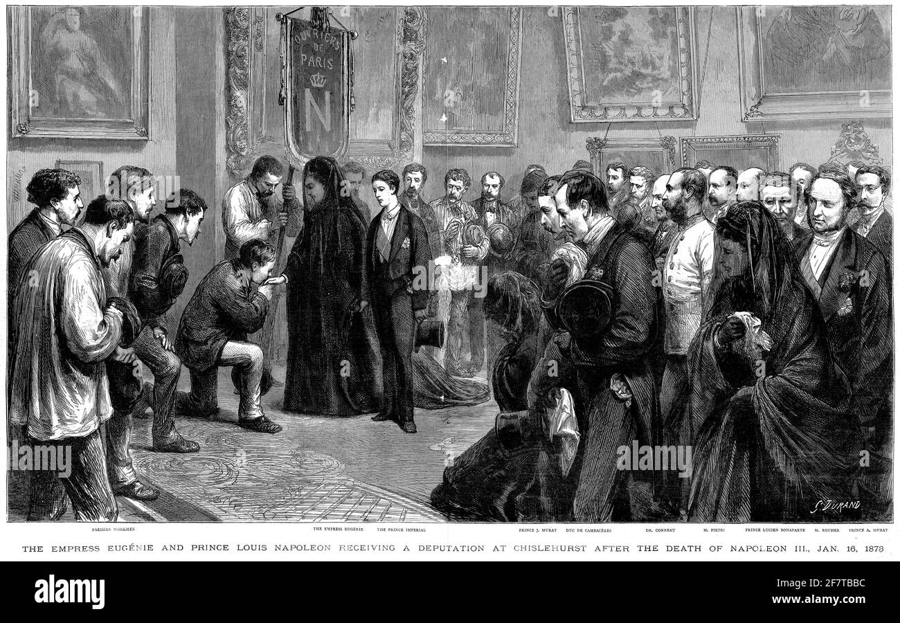 Stich der Kaiserin Eugenie und Prinz Louis Napoleon, die nach dem Tod