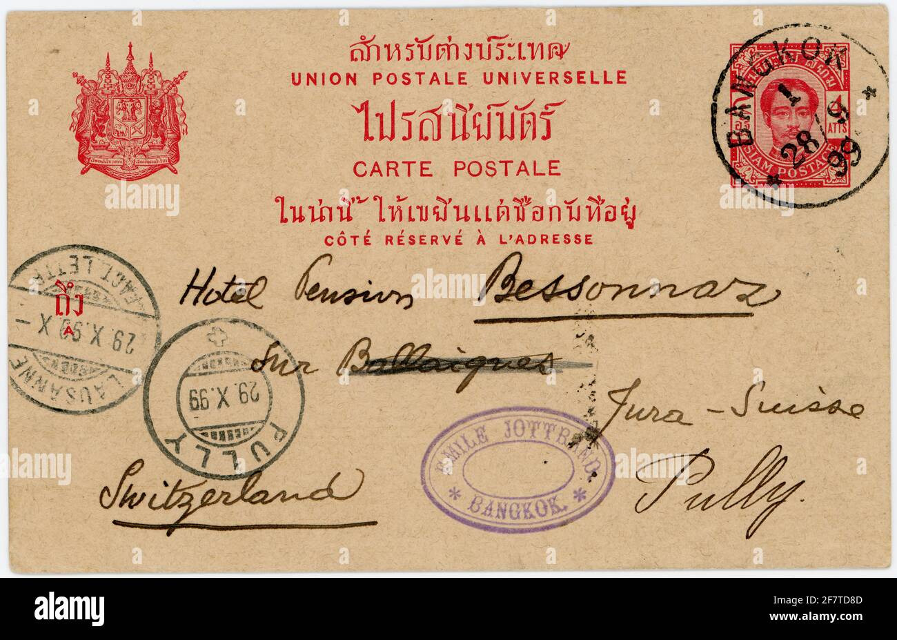 1899 Siam Thailand Anfang Bangkok gebunden 'BANGKOK 28-9-99' auf Postkarte an die Schweiz, oval Agent Handstempel. Stockfoto
