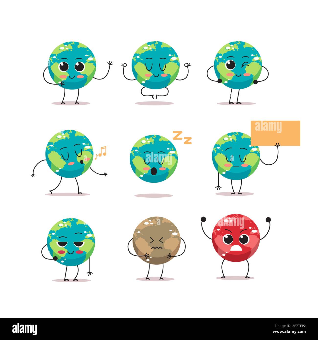 Set niedlichen Erde Charaktere mit verschiedenen Emotionen Cartoon Maskottchen Globus Personages Sammlung speichern Planet Konzept isoliert Stock Vektor