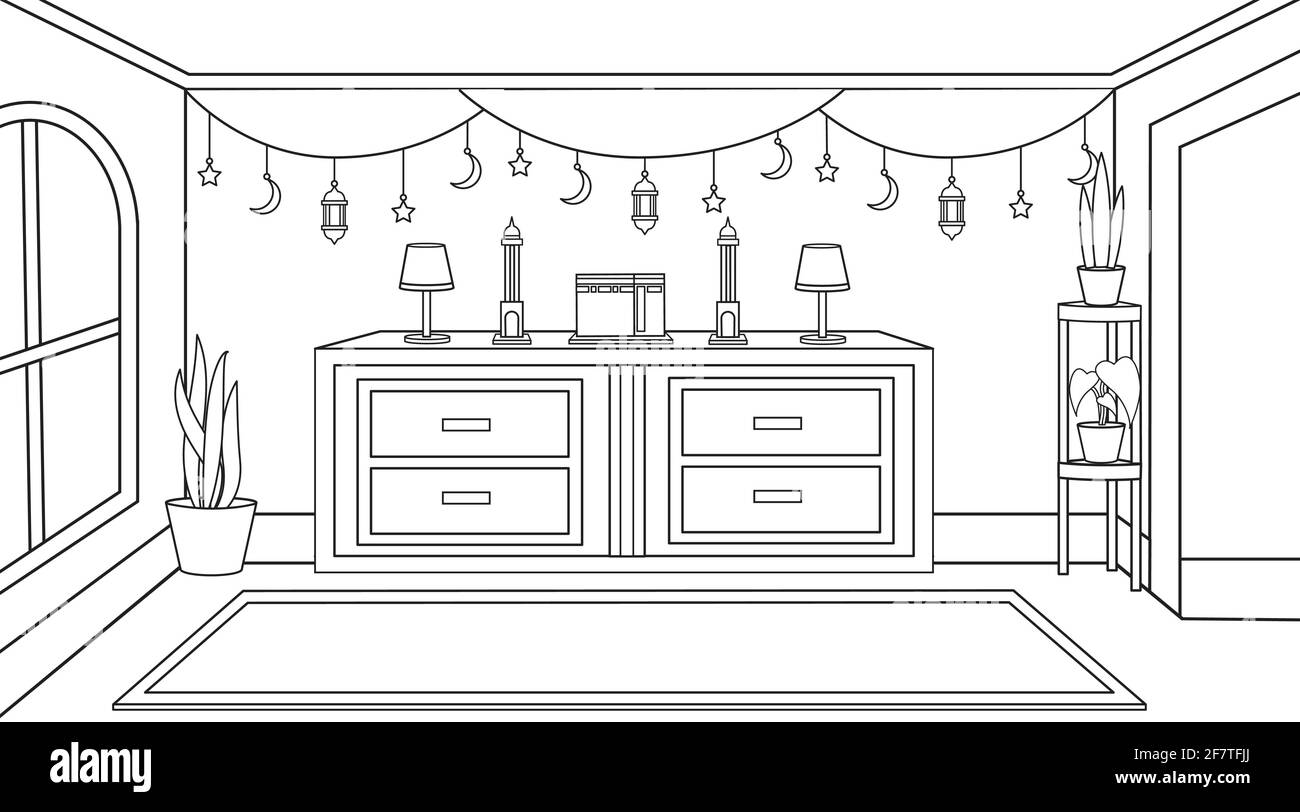 Hintergrund muslim religiösen Raum, Gebetsraum, Lesen al quran Zimmer. Ramadan Ornament muslim mit dekorativen Pflanzen.Hintergrund muslimische Illustration vec Stock Vektor