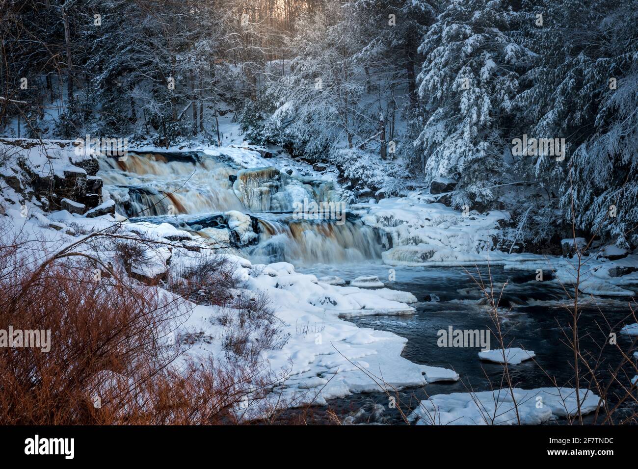 Saint Regis Falls umgeben von schneebedeckten Bäumen in Waverly, Franklin County, New York Stockfoto
