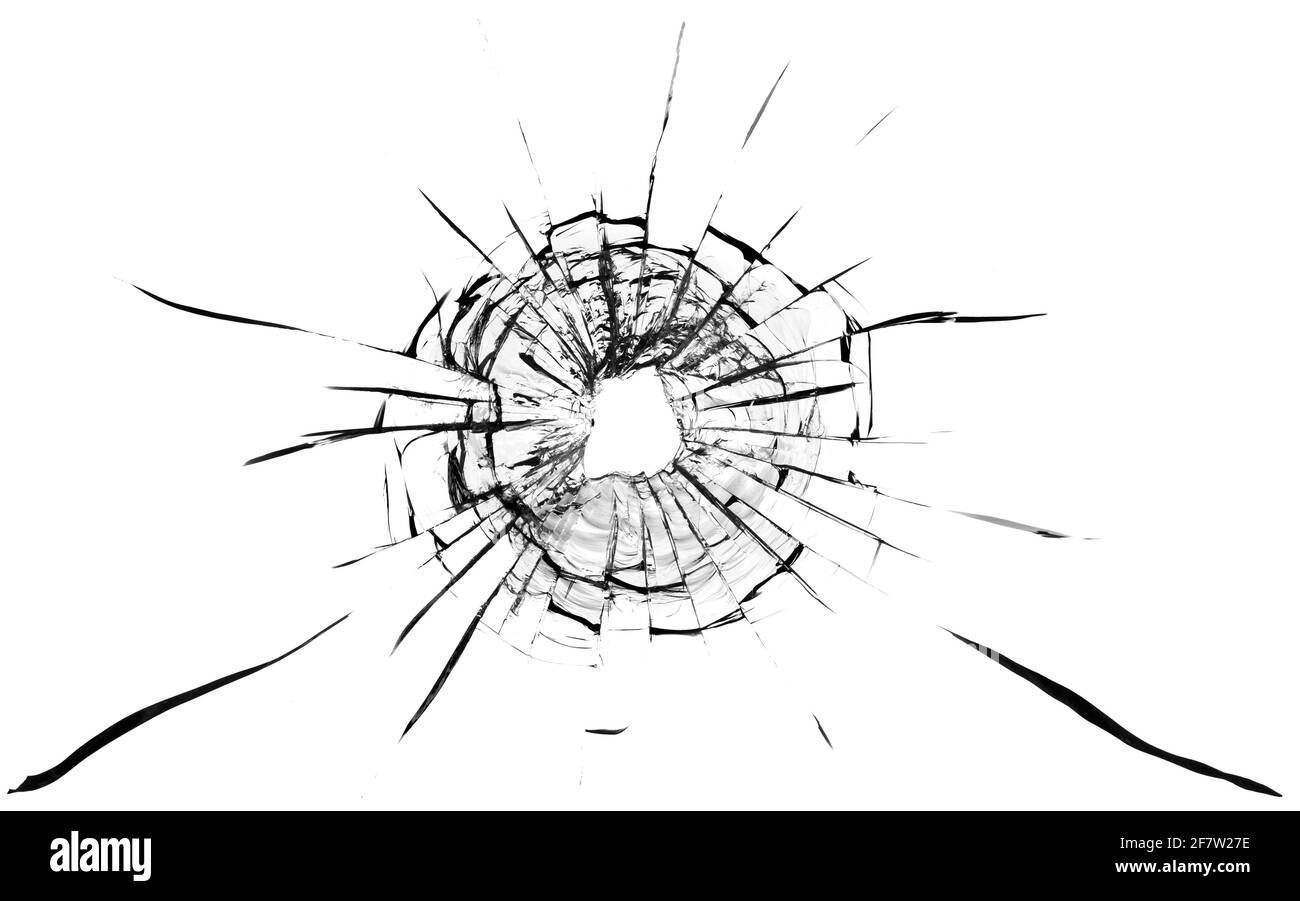 Einschussloch im Glas. Isoliert auf weißem Hintergrund. Stockfoto