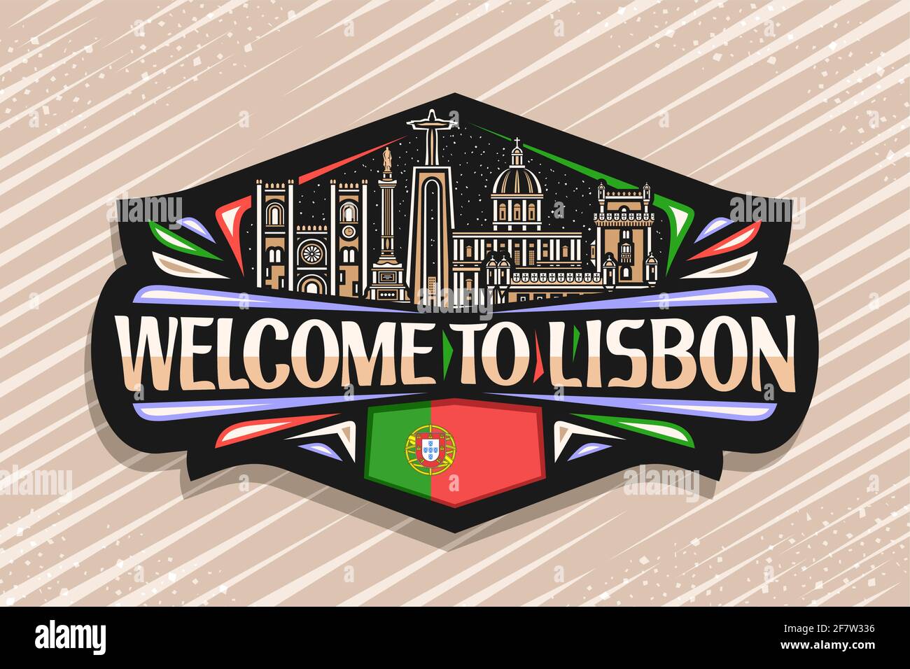 Vektor-Logo für Lissabon, schwarzer dekorativer Anhänger mit umreissender Abbildung der lissabonner Stadtlandschaft auf dem Hintergrund des Abendhimmels, Kunst-Design-Tourist-Kühlschrankmagnet w Stock Vektor