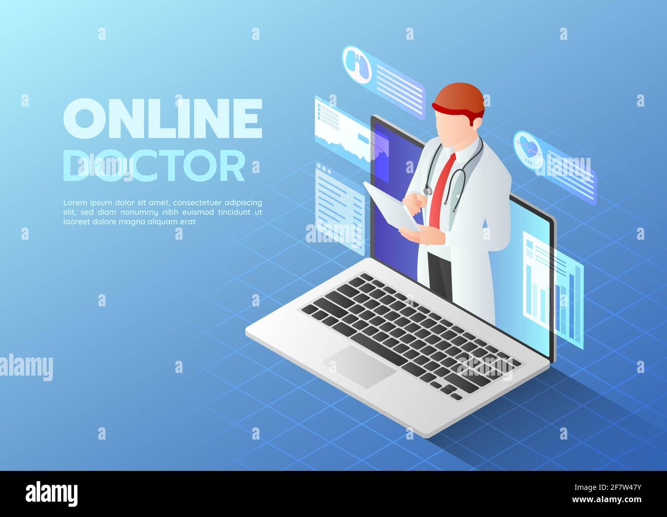 3d Isometric Web Banner Doctor Online-Diagnose auf dem Computer Laptop-Bildschirm. Online Medizinische Beratung Konzept. Stock Vektor