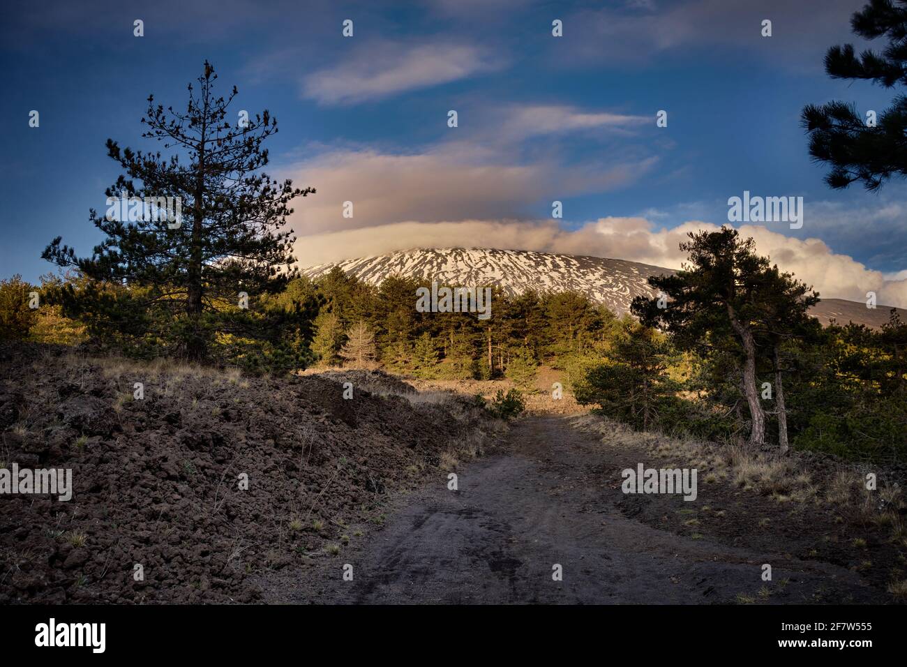 Wahrzeichen der Natur in Sizilien ist es die Berglandschaft des Ätna Park Schotterstraße kreuzt alte Lava und Kiefernwald auf Hintergrund Hänge des Vulkans Schnee Stockfoto