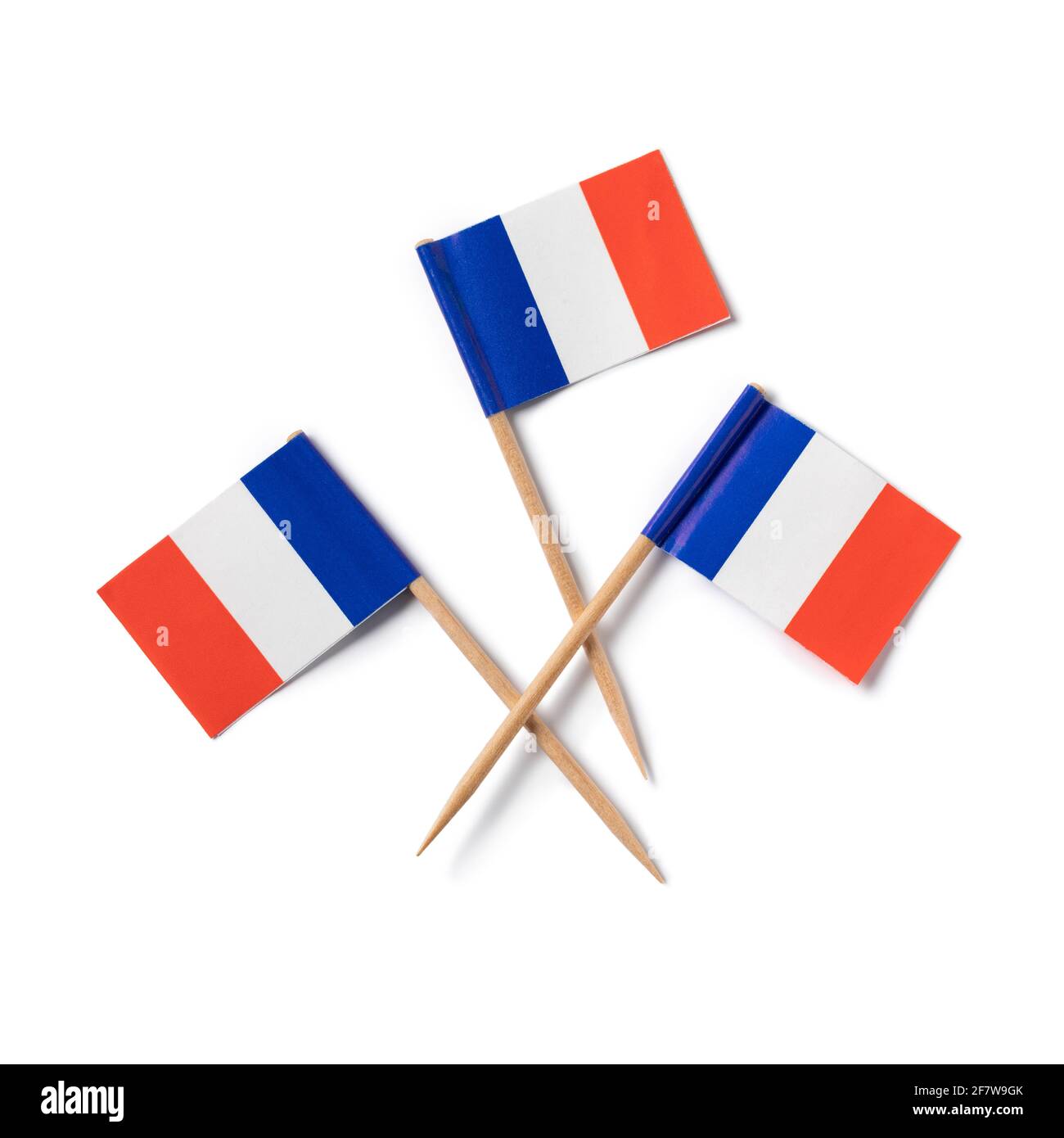 Miniatur Französisch Flagge Cocktail-Sticks isoliert auf weißem Hintergrund schließen Nach oben Stockfoto