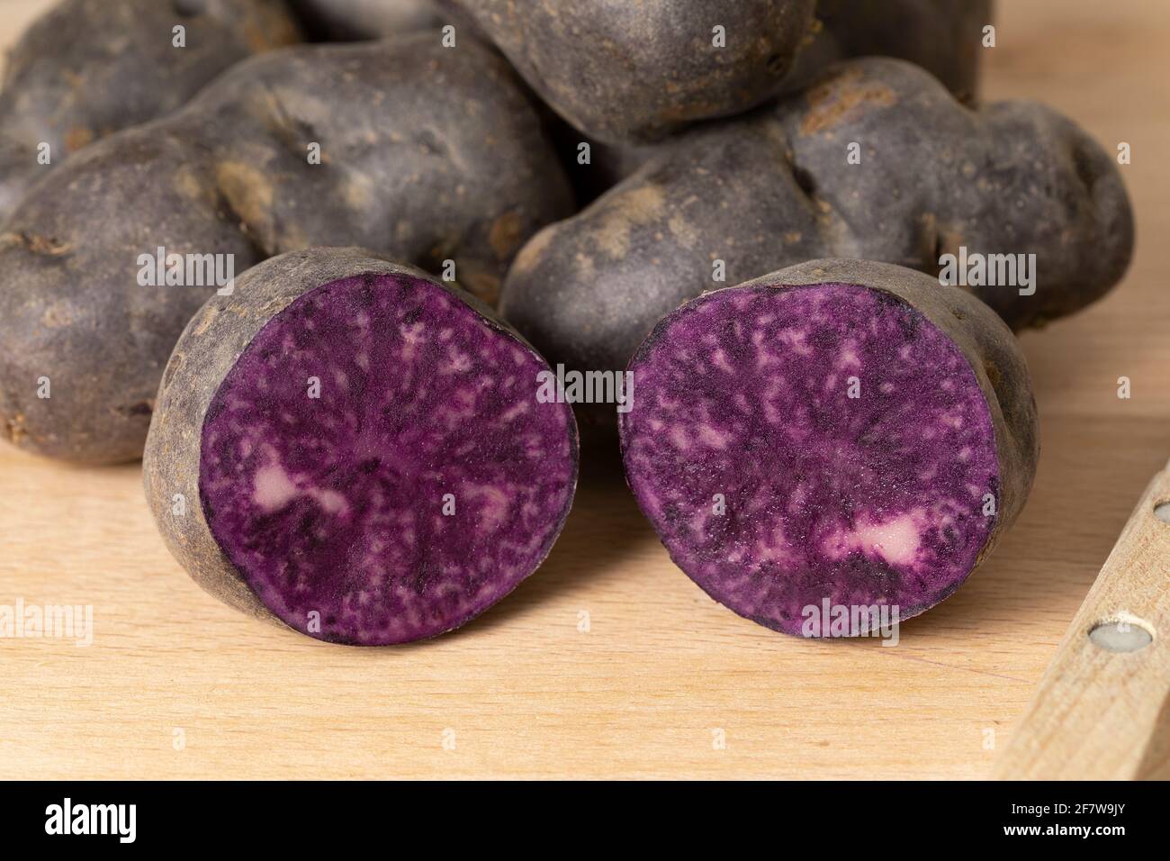 Hausgemachte Bio-rohe violette Vitelotte-Kartoffel in halber Nahaufnahme Und ganze Kartoffeln im Hintergrund Stockfoto