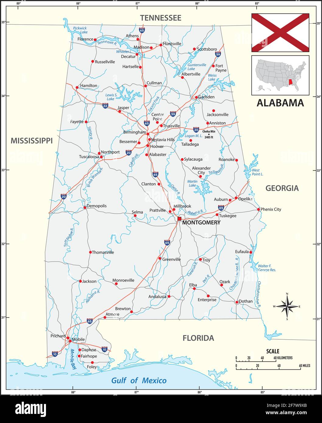 Straßenkarte des US-Bundesstaates Alabama mit Flagge Stock Vektor
