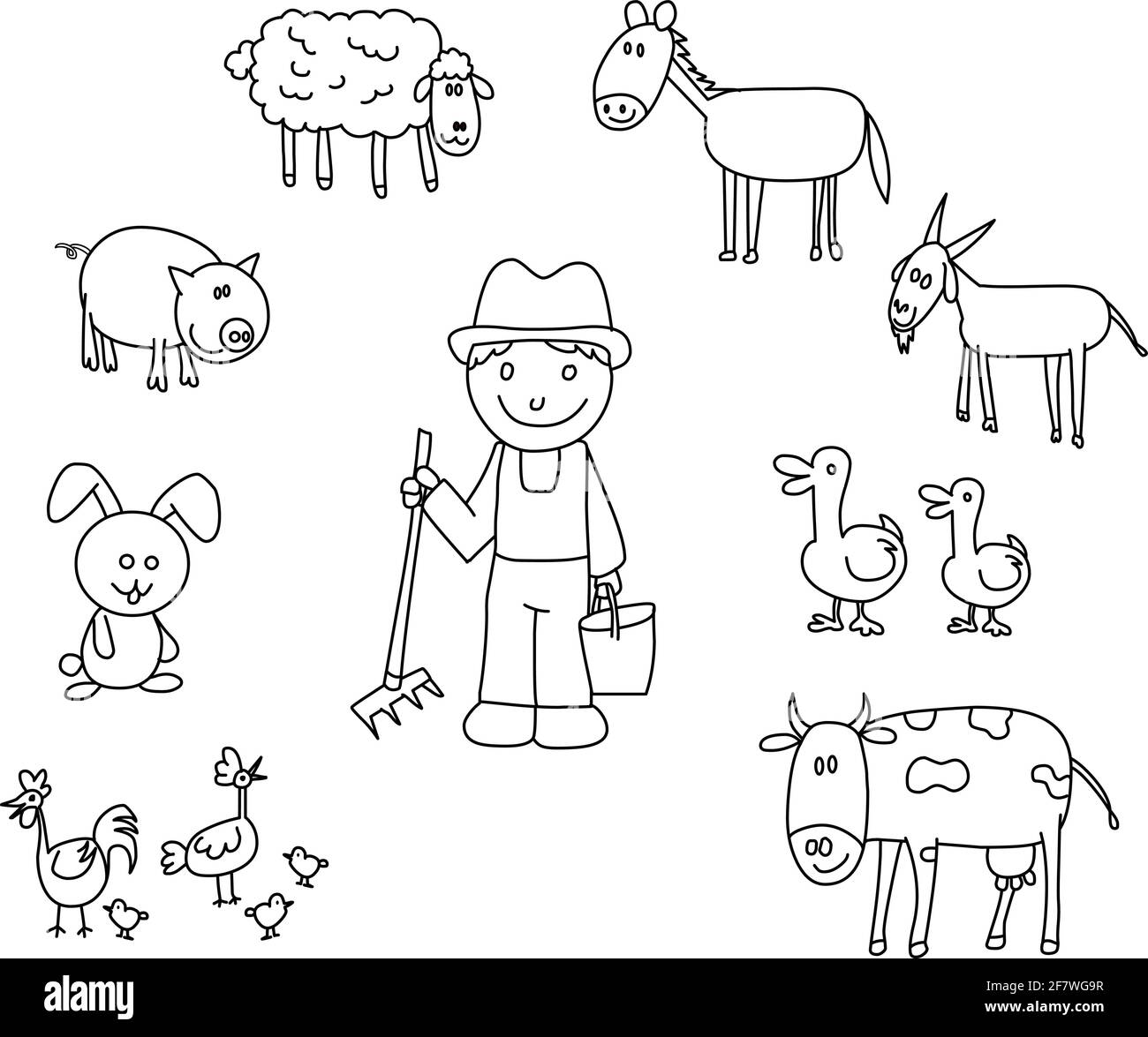 Landwirt mit Nutztieren schwarze Linie Zeichnung Cartoon-Illustration Stock Vektor