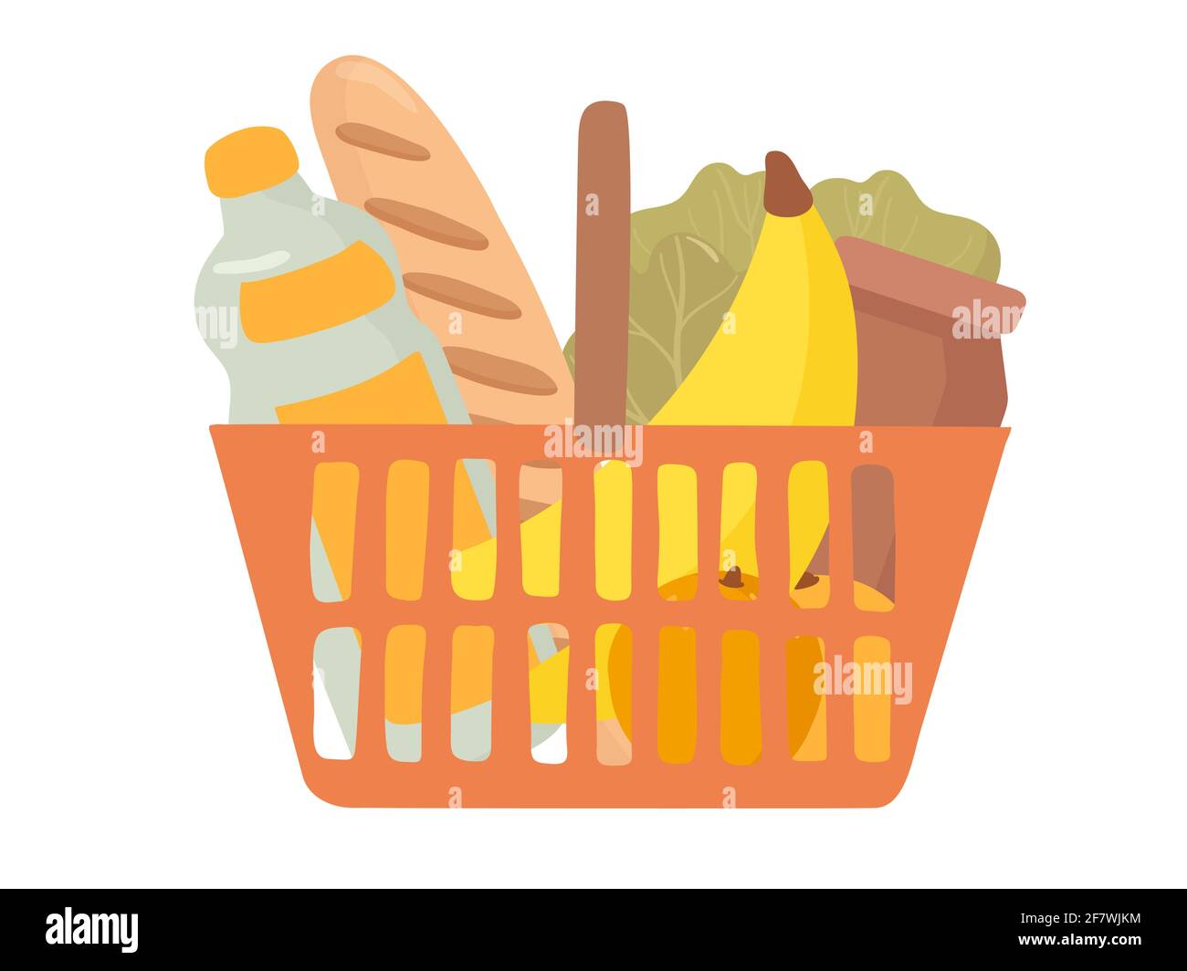 Handgezeichnete Vektorgrafiken für den Warenkorb. Lebensmittelkauf, Paket mit Produkten. Wasserflasche, Brot, Obst, Gemüse, Banane Stock Vektor