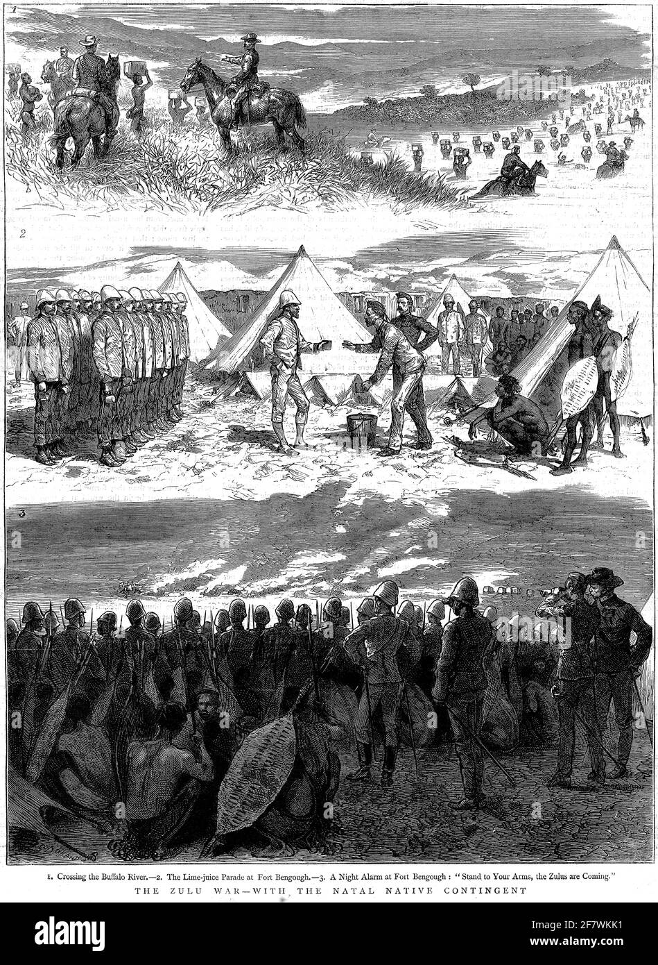 Gravur von Szenen aus dem Anglo-Zulu-Krieg, 1879 Stockfoto