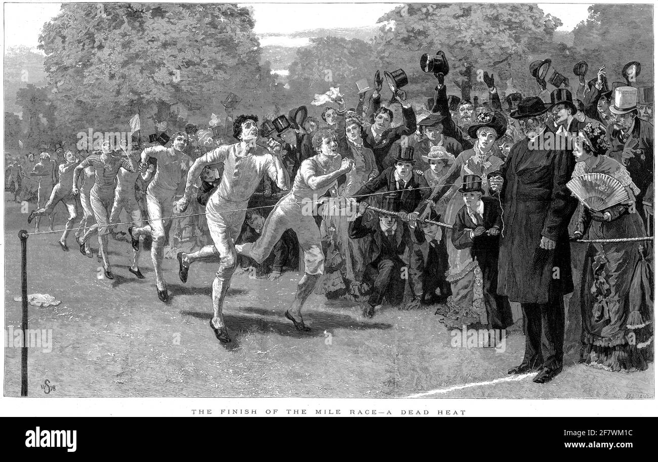 Gravur einer toten Hitze beenden Sie das Mile-Running-Rennen an einer öffentlichen Schule in England, 1879 Stockfoto