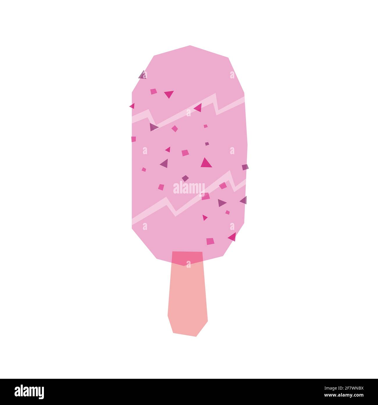 Popsicle mit niedrigem poly-rosafarbenem Hintergrund auf weißem Hintergrund und Überdruck. Helles, farbenfrohes Vektoreis mit Krümel darauf. Stock Vektor