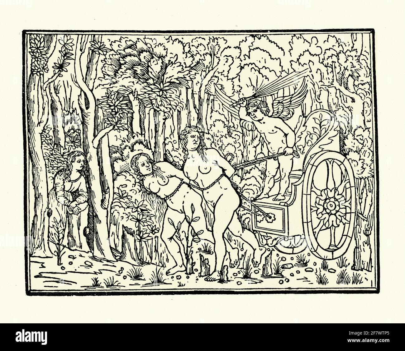 Frau durch das Leben geschaukelt durch die Liebe. Zwei Frauen, die an einen von Amor gefahrenen Wagen gebunden waren. Holzschnitt aus der Poliphilo (Hypnerotomachia Poliphili), 1490, 15. Jahrhundert Stockfoto