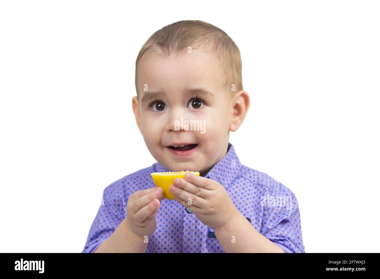 Junge 2-3 Jahre alt mit Zitrone in den Händen, weißer Hintergrund, isoliert. Stockfoto