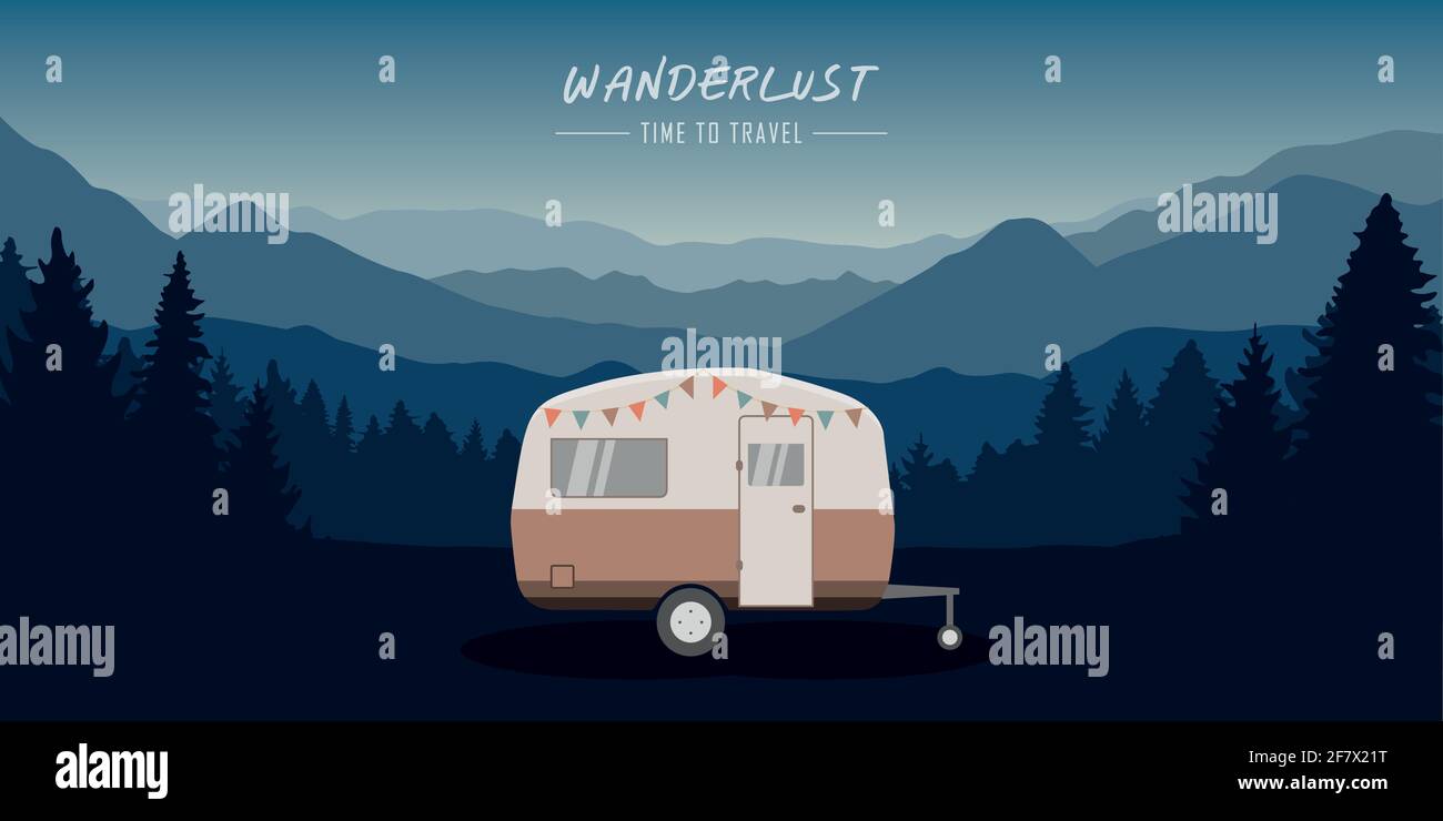 Wanderlust Camping Abenteuer in der Wildnis mit Wohnmobil Stock Vektor