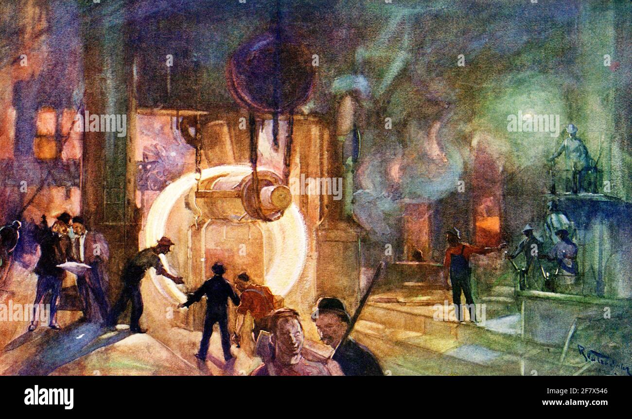Herstellung von Stahl vor einem der Öfen - so lautet die Beschriftung. Es wurde von Henry Reuterdahl (1870-1925) gezeichnet, einem schwedisch-amerikanischen Maler, der für seine nautischen Kunstwerke berühmt ist. Er hatte eine lange Beziehung mit der US-Marine. Stockfoto Herstellung von Stahl vor einem der Öfen - so lautet die Beschriftung. Es wurde von Henry Reuterdahl (1870-1925) gezeichnet, einem schwedisch-amerikanischen Maler, der für seine nautischen Kunstwerke berühmt ist. Er hatte eine lange Beziehung mit der US-Marine. Stockfoto