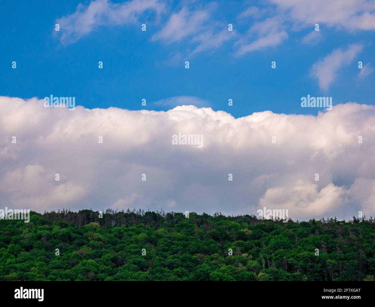Beeindruckende Wolkenwand über einem Waldhügel Stockfoto