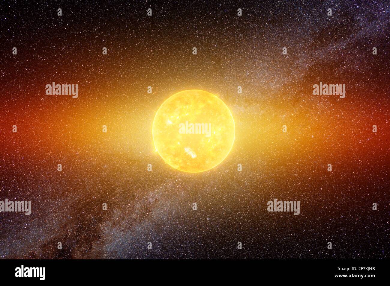 Helle Sonne gegen dunklen Sternenhimmel und Milchstraße im Sonnensystem, Elemente dieses Bildes, die von der NASA eingerichtet wurden Stockfoto