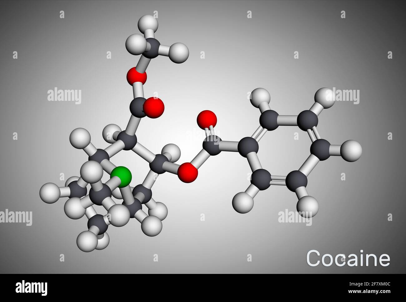 Kokain, Koks, Kokamolekül. Es ist Tropan-Alkaloid mit zentralem Nervensystem ZNS stimulierend, lokale Anäs-, Vasokonstriktor. Molekularmodell. Stockfoto