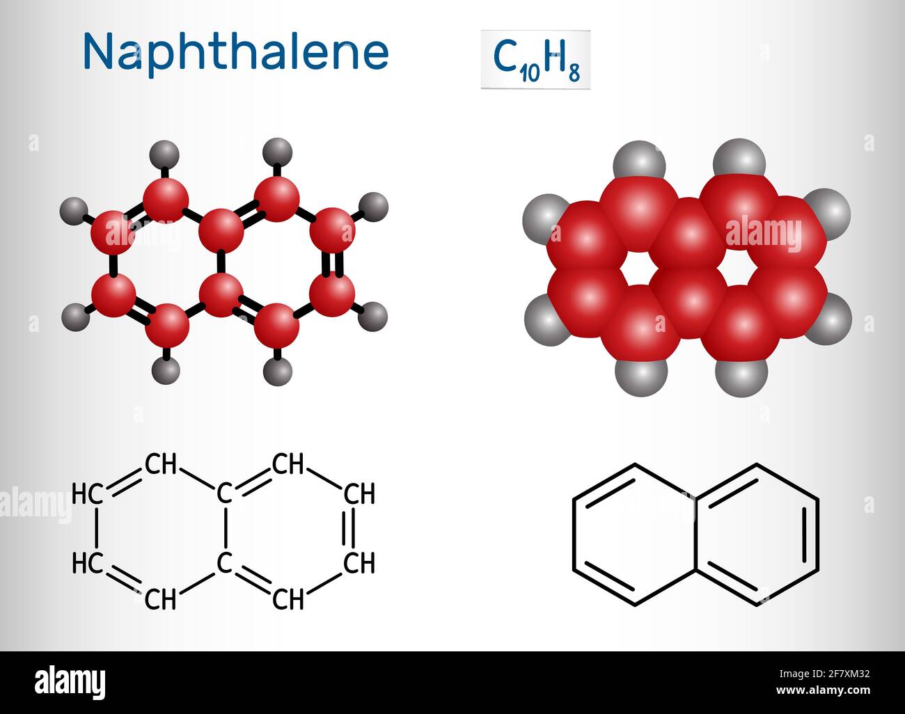 Naphthalin-Molekül. Es handelt sich um aromatischen Kohlenwasserstoff, der aus zwei geschmolzenen Benzolringen besteht. Strukturelle chemische Formel und Molekülmodell. Vektorgrafiken Stock Vektor