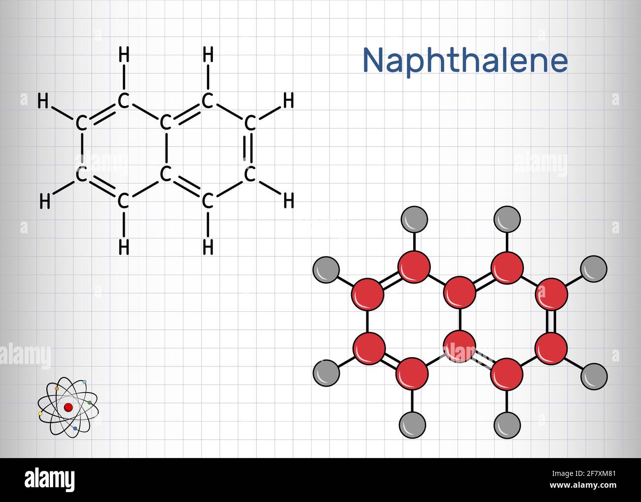 Naphthalin-Molekül. Es handelt sich um aromatischen Kohlenwasserstoff, der aus zwei geschmolzenen Benzolringen besteht. Chemische Formel des Skeletts. Vektorgrafik Stock Vektor