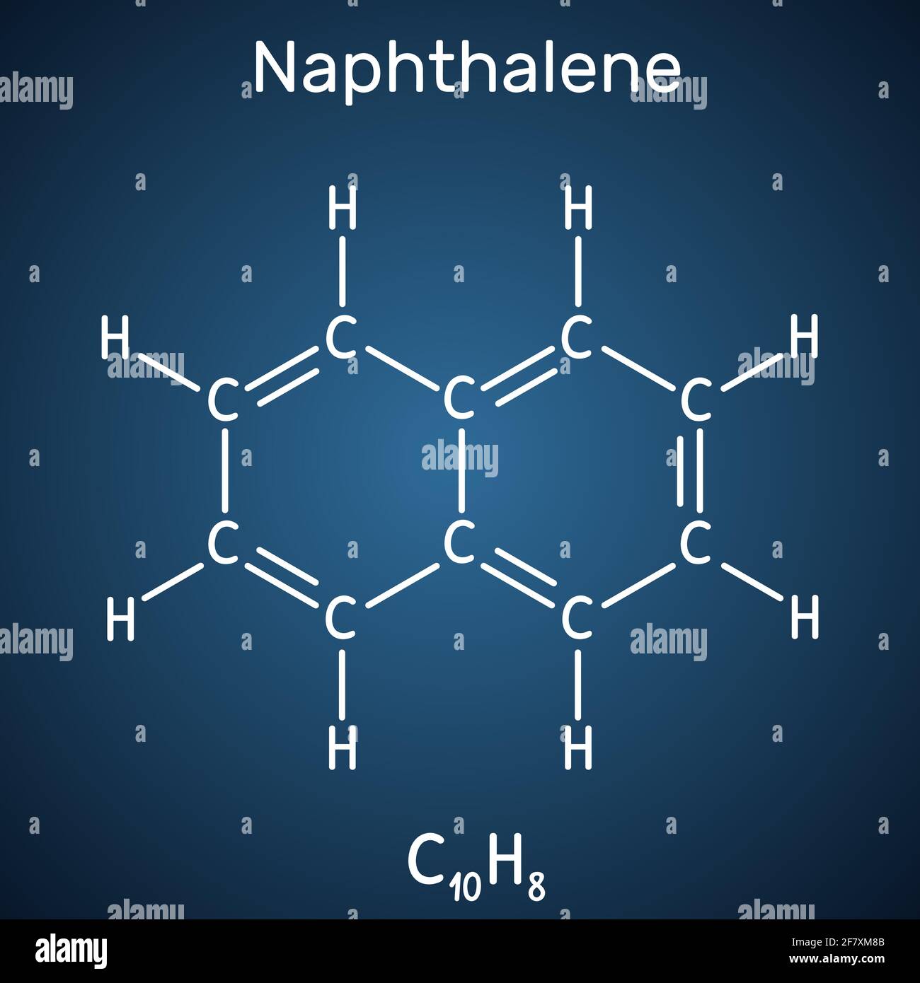 Naphthalin-Molekül. Es handelt sich um aromatischen Kohlenwasserstoff, der aus zwei geschmolzenen Benzolringen besteht. Chemische Formel des Skeletts auf dem dunkelblauen Hintergrund. Vektor-Abb. Stock Vektor
